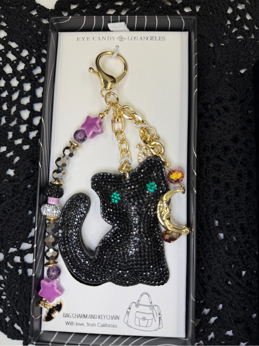 eye candy los angeles black cat rhinestone bag charm keychain celestial